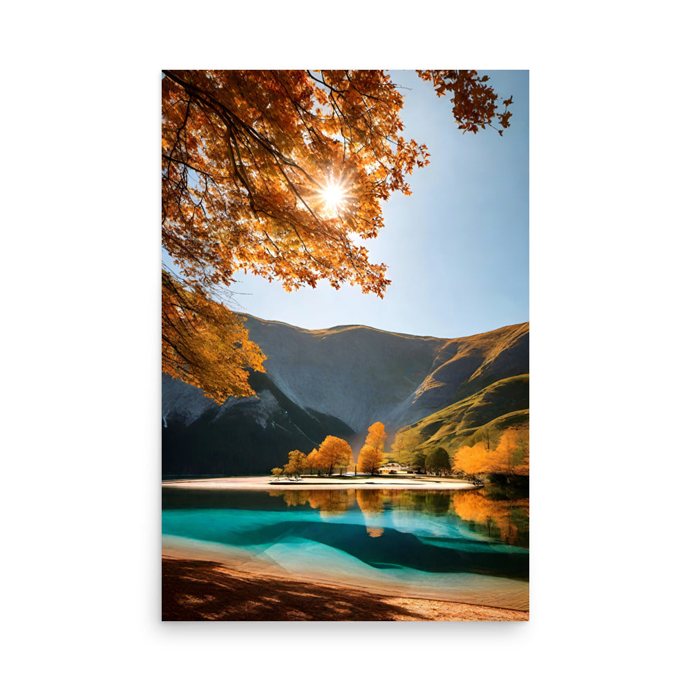 A tranquil mountain lake with turquoise blue water and sunlight shining through golden trees.