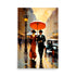 Fashionable couple strolls arm in arm. Vibrant red umbrella shields them along rain-soaked street. Delightful scene painted on canvas.