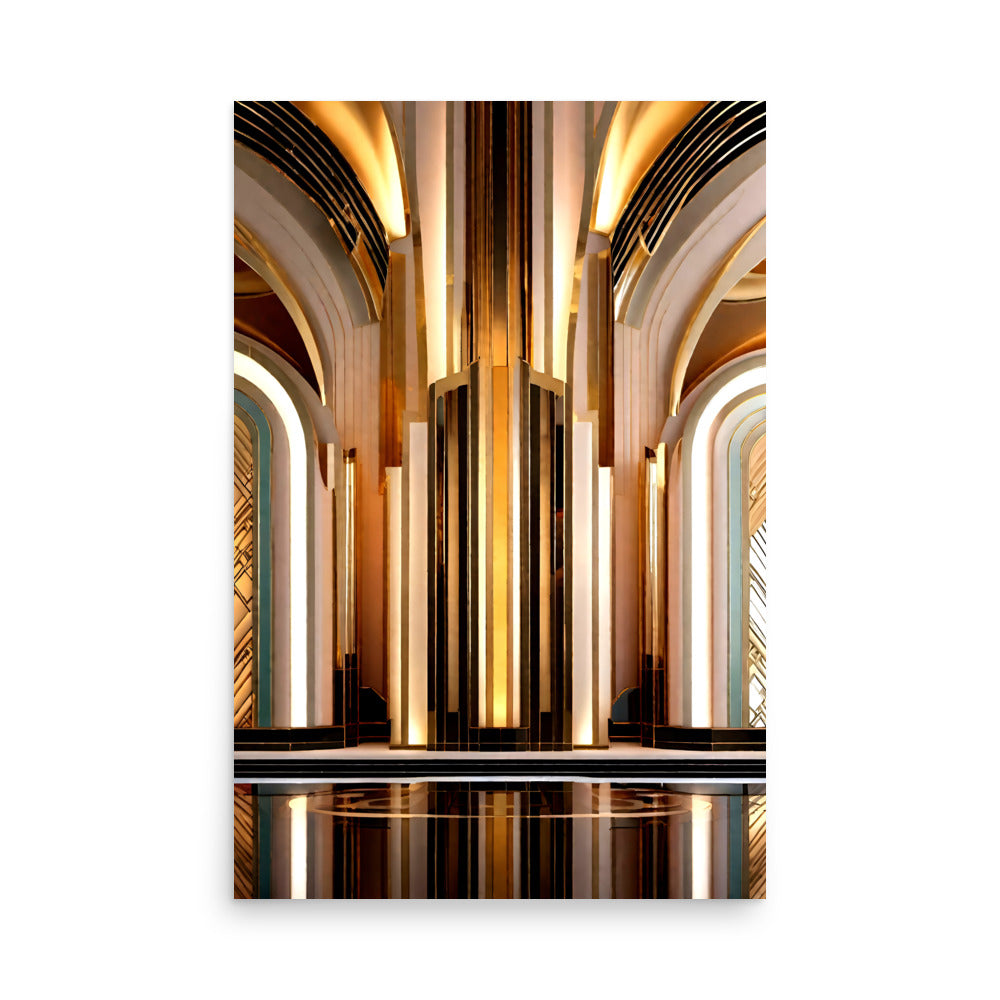 The golden arches of a luxurious building with beautiful glowing columns of light.