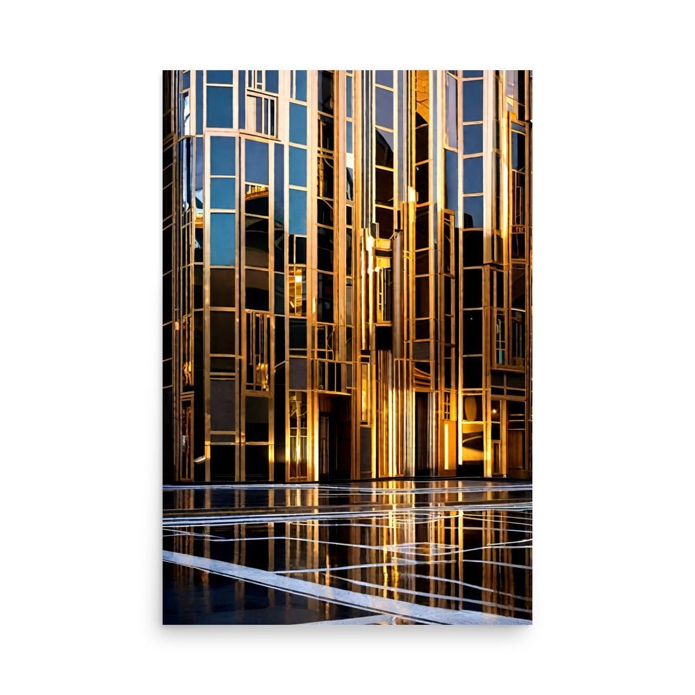 Golden glows illuminate intricate facade patterns. Window reflections below mirror stillness. Architectural wonder blends modernity with tranquility.