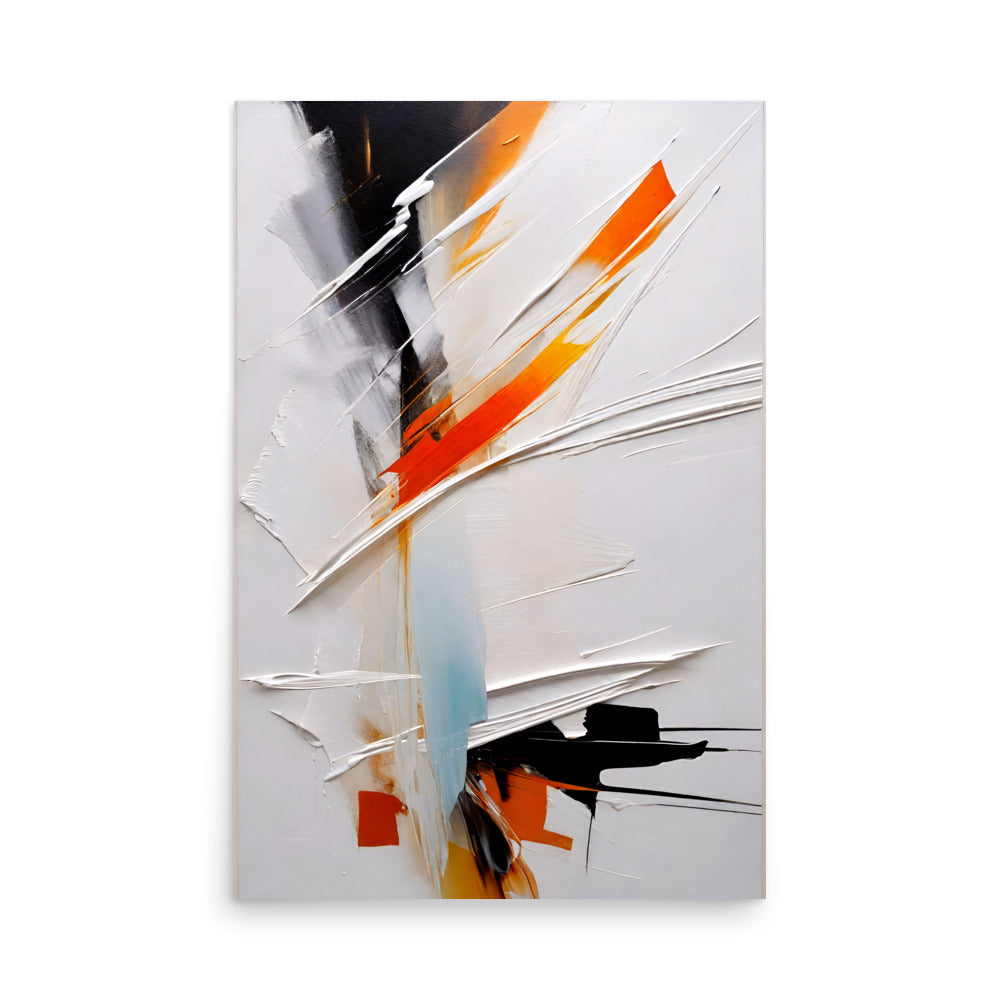 Vibrant strokes of orange, black, gray dynamically flow. Vivid hues create energetic movement. Against white backdrop, abstract artwork evokes passion.