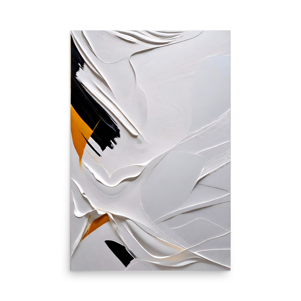 A white abstract painting with smooth brushstrokes and burnt orange with black accents.