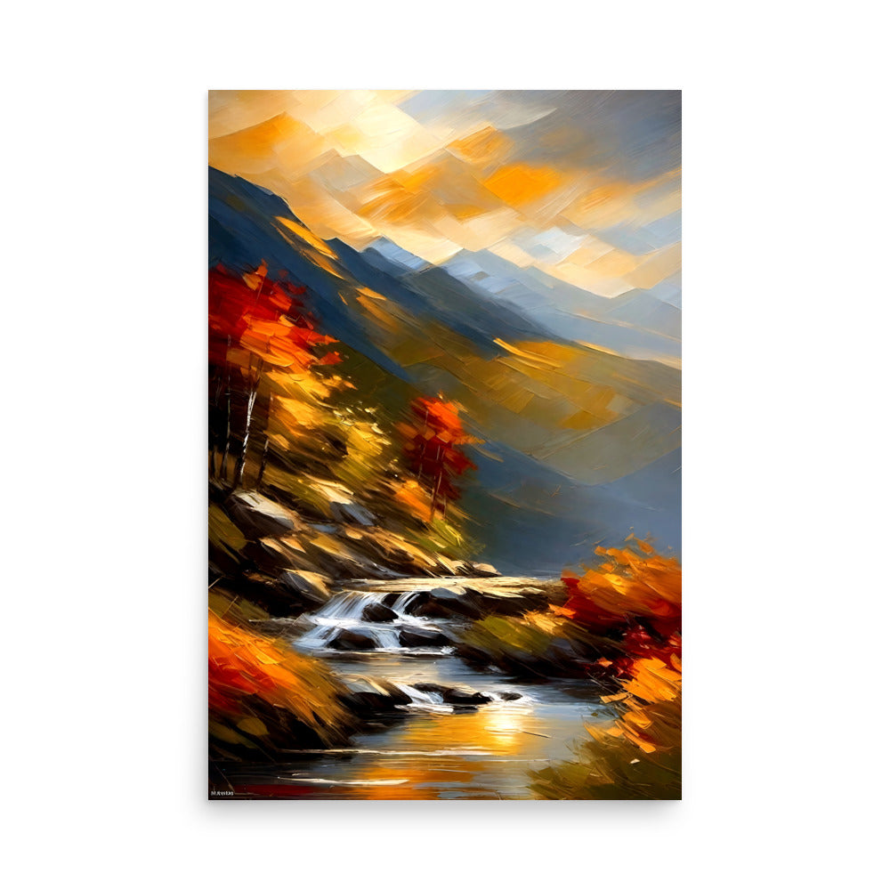 Mountains tower majestically over rushing streams. Vibrant autumn foliage adorns trees. Enthralling landscape artwork.