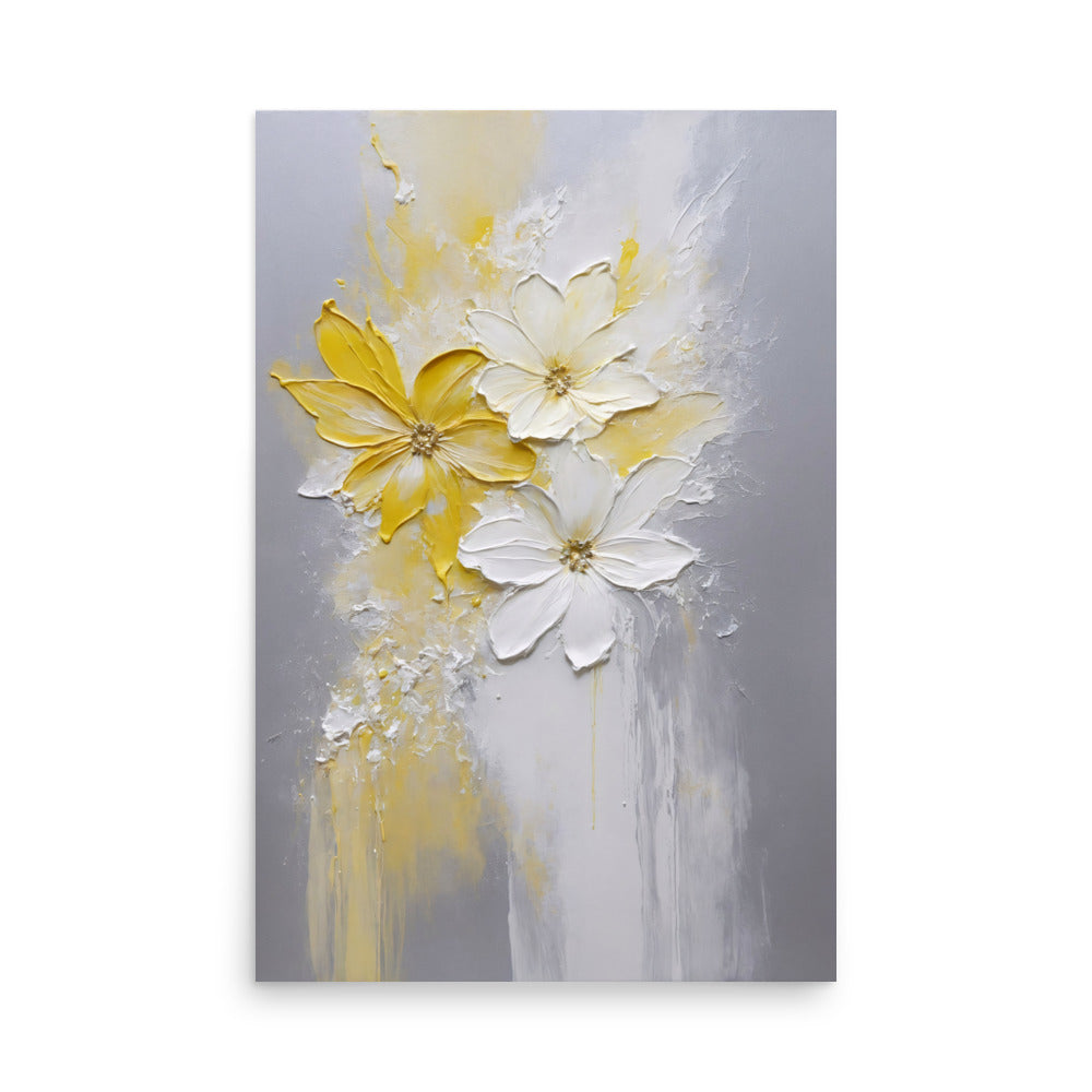 Golden yellow, pristine white blooms portray delicate petals. Blended hues create harmony while loose brushstrokes add movement. Streaks imply rain, falling petals evoke renewal. Nature's ephemeral beauty radiates vibrancy.