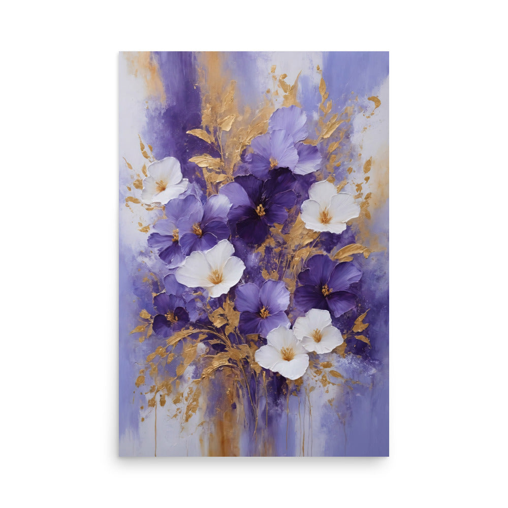 Vibrant floral painting entwines white and purple petals with golden foliage. Lavender backdrop enhances stunning visuals created by intertwined petals.