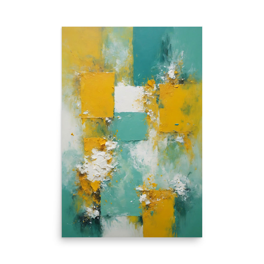 Rich teal, yellow geometric forms emerge. Expressive brushwork sculpts abstract shapes vividly. White accents offer striking contrast elegantly.