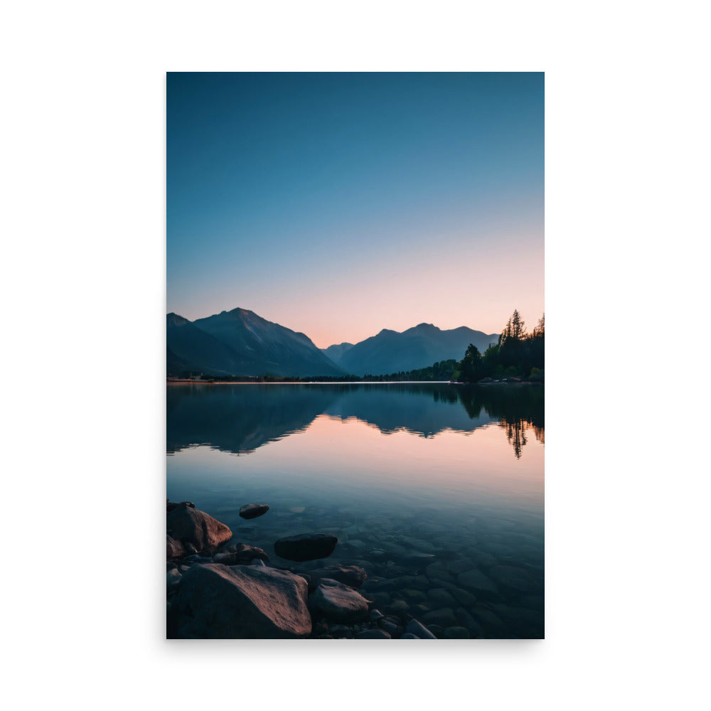 Mountain scenery graces canvas beautifully. Distant peaks touch dusk sky elegantly. Still waters mirror colors vividly. Textured boulders frame serene lake vista.