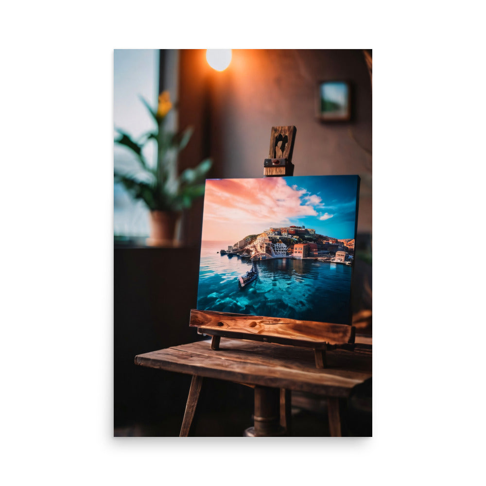 A canvas on an easel with a painted coastal scene of colorful houses.