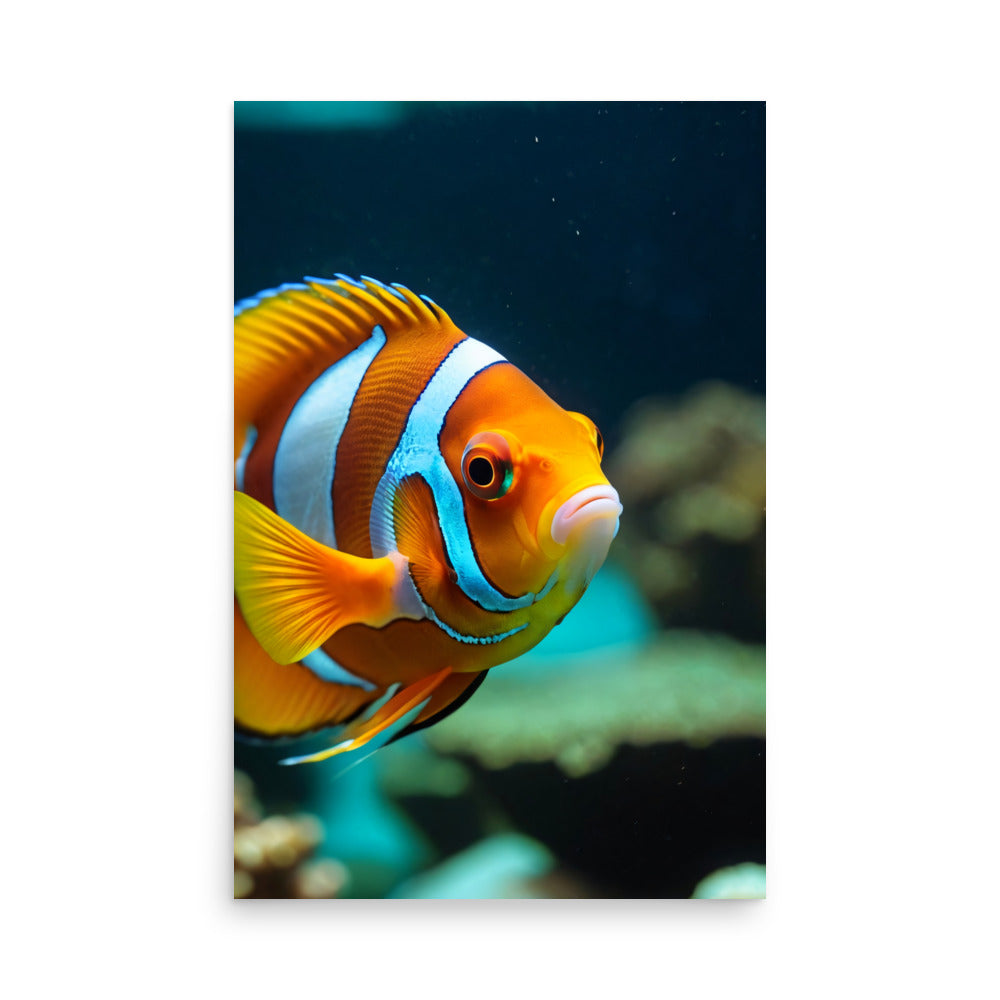 A colorful clownfish with bold stripes and vibrant tendrils in the calm blue ocean.