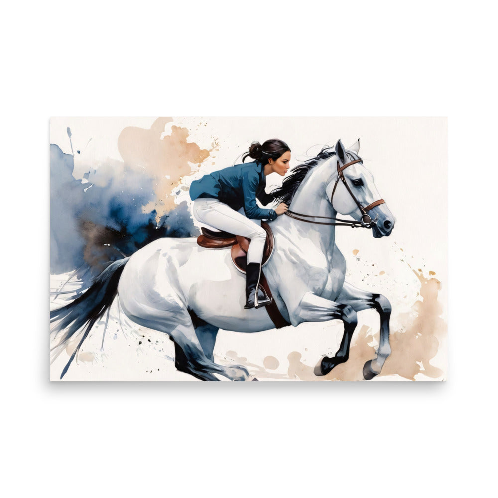 A female jockey on her beautiful white horse that's running, paint splashes in the background..