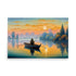 Vibrant sunset hues reflect on tranquil lake. Silhouetted figure casts fishing line from boat. Lush foliage contrasts warm colors beautifully. Brushstrokes render idyllic landscape invitingly calm.