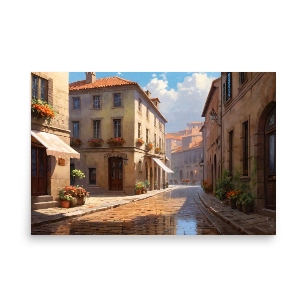 A Mediterranean street is basked in sunlight, and wet reflective cobblestone.