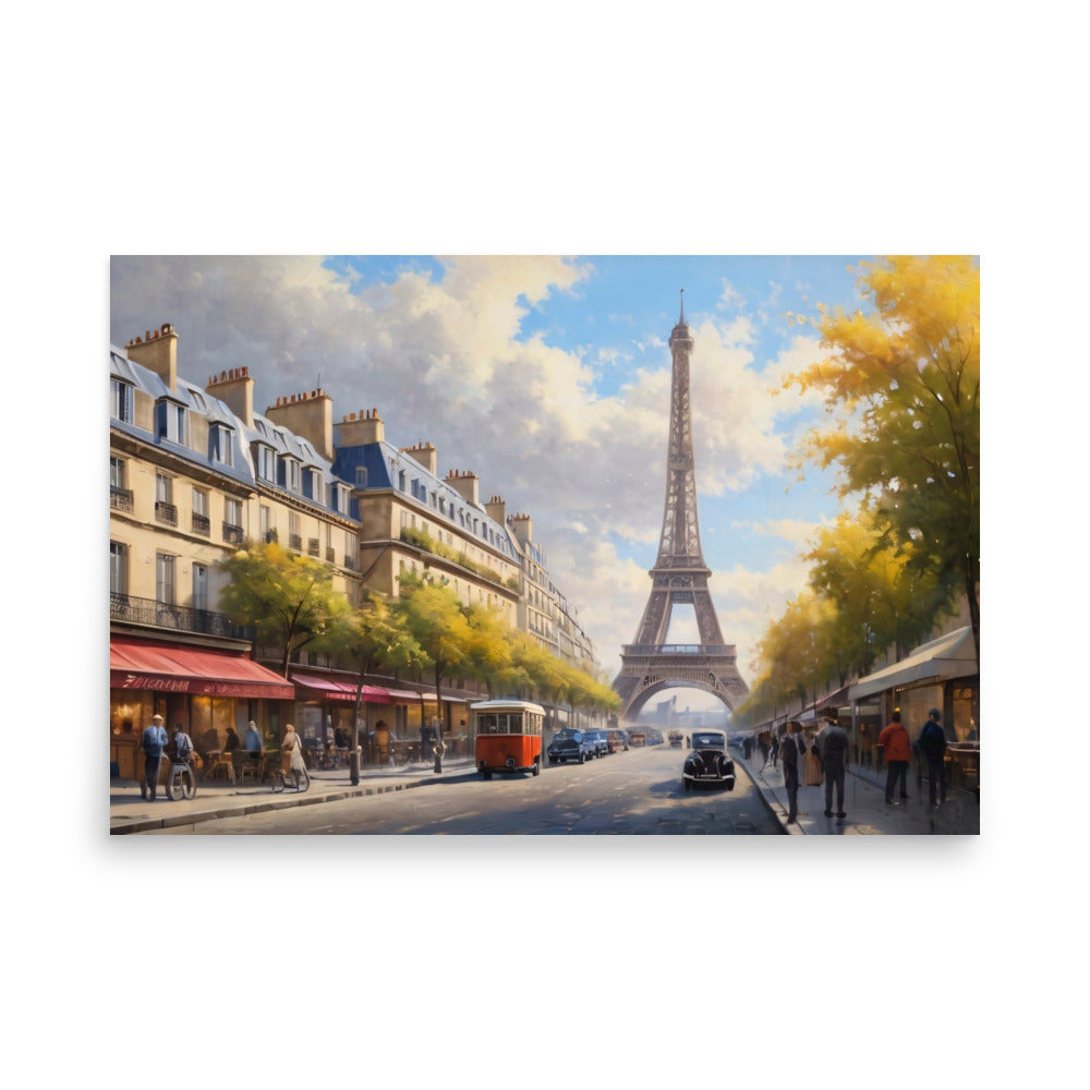 A Parisian street scene with the iconic Eiffel Tower behind vintage trams and cobblestones.