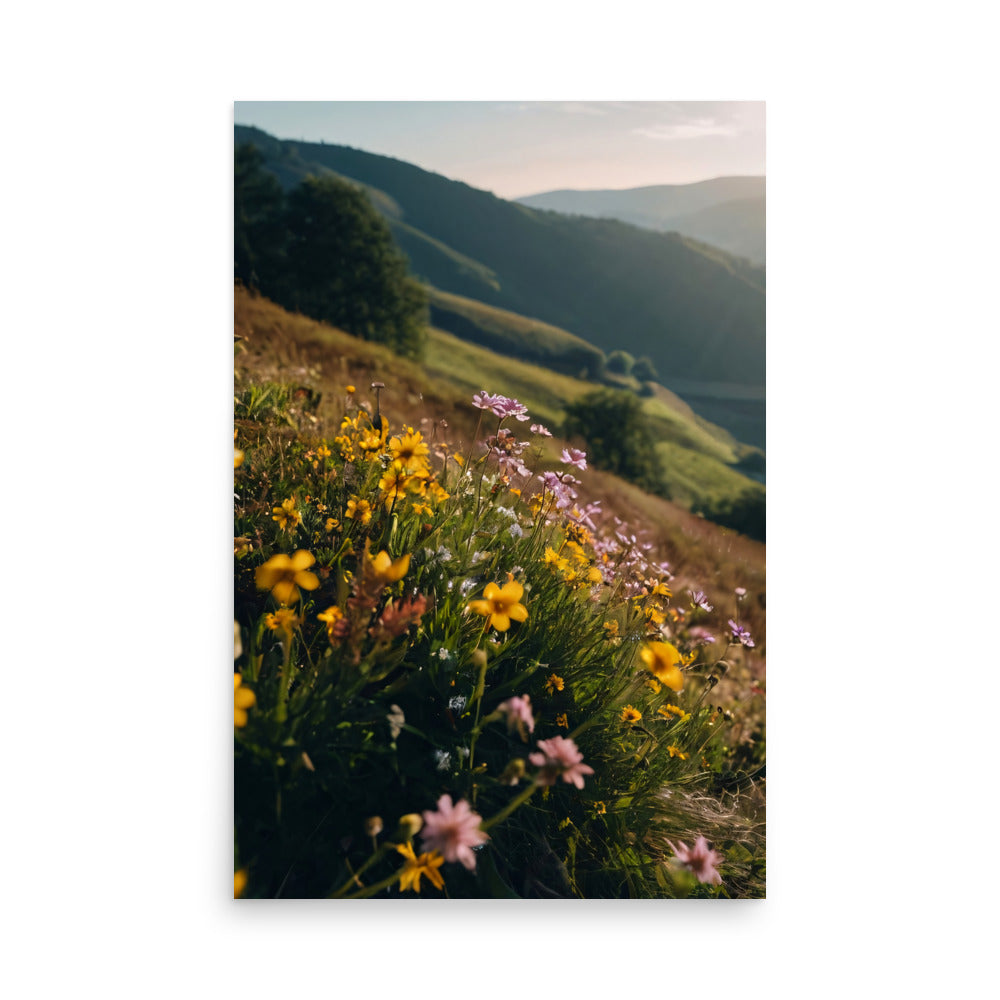 Vibrant wildflowers carpeted lush meadows. Rolling hills stretched verdant green valleys. Distant peaks faded evening skies. Nature's breathtaking splendor invited tranquil scene.