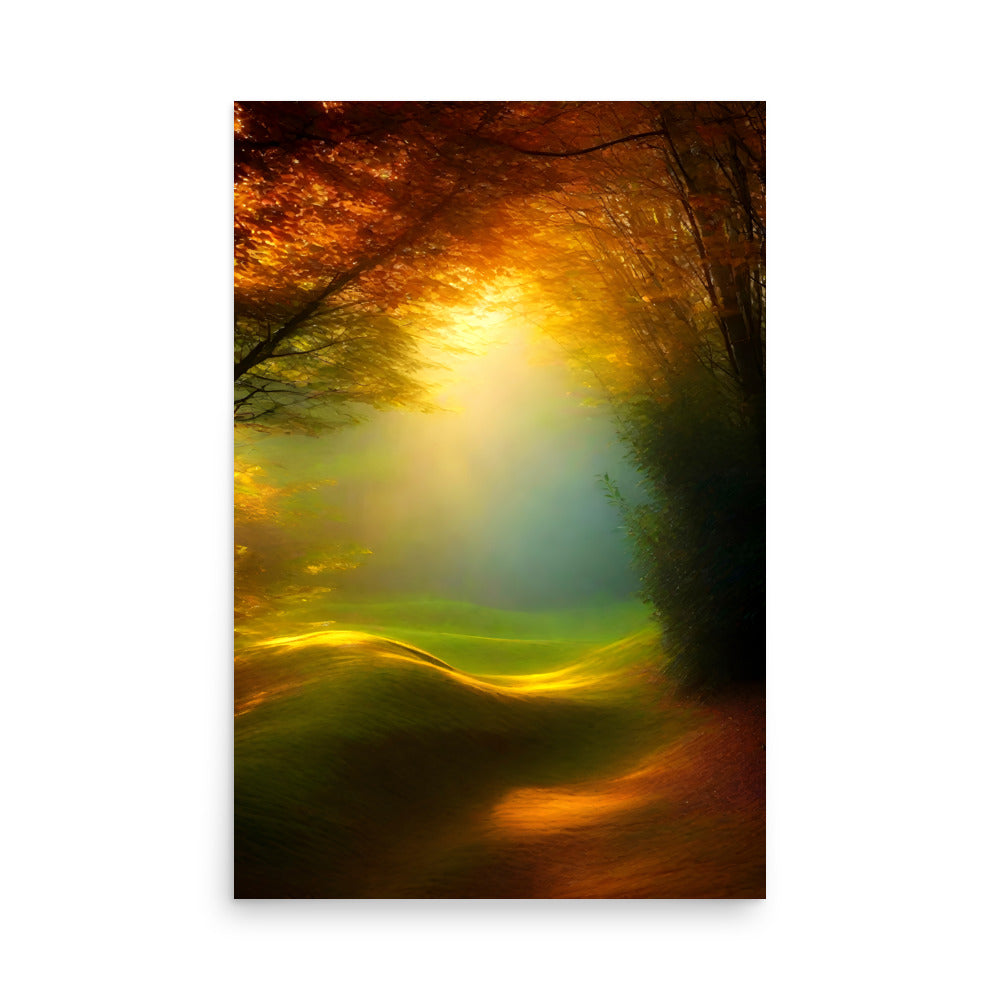 A winding woodland path curves gracefully. Radiant sunbeams filter through arched trees. Vibrant autumn leaves create a dreamy atmosphere. The scenic vista invites viewers to bask in nature's glory.