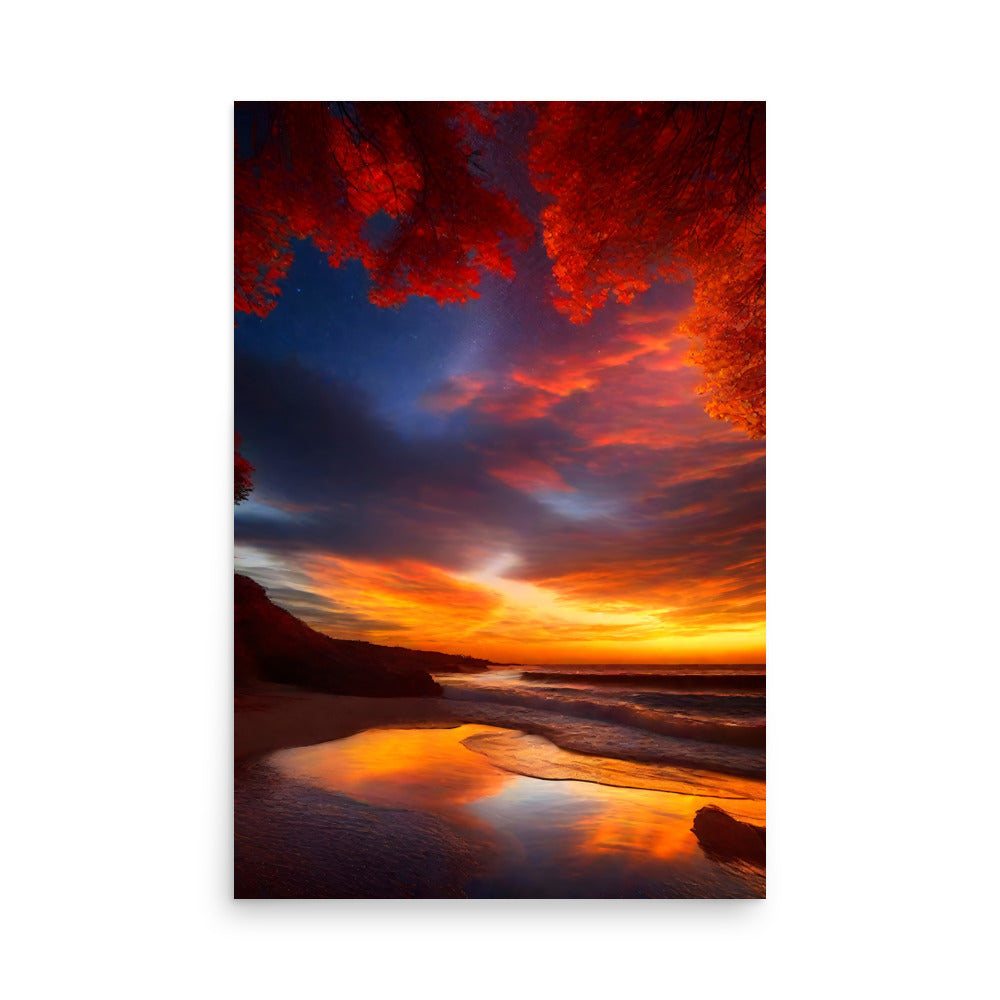 Beautiful sunset paints vivid crimson clouds. Brilliant colors mirror nature's artistry on tranquil beach. Silhouetted ridge contrasts awe-inspiring spectacle.