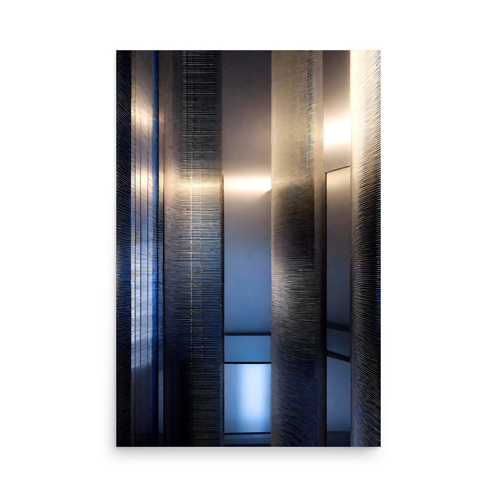 Vertical blue and gray panels construct an abstract architectural composition. A warm, glowing light radiates from the center, casting intricate shadows across the surface.