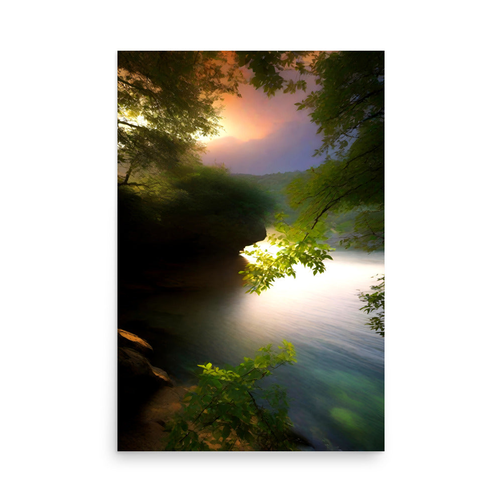 Mist-shrouded river meanders through verdant forest. Warm sunset tints sky orange, pink, casting ethereal radiance. Towering trees frame tranquil waters; sunbeams dapple surface. Vibrant greens contrast cool mist, evoking serenity.