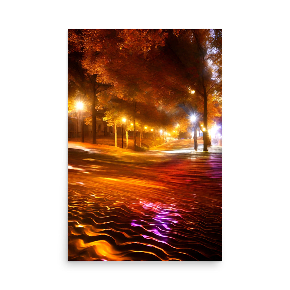 A colorful autumn street at night illuminated by streetlights and glowing reflections.