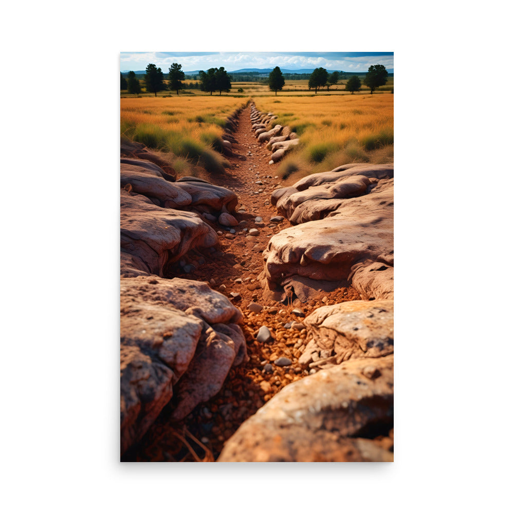 Golden meadow crossed by winding trail. Rugged boulders line path's rugged edges. Distant pines reach for blue sky.