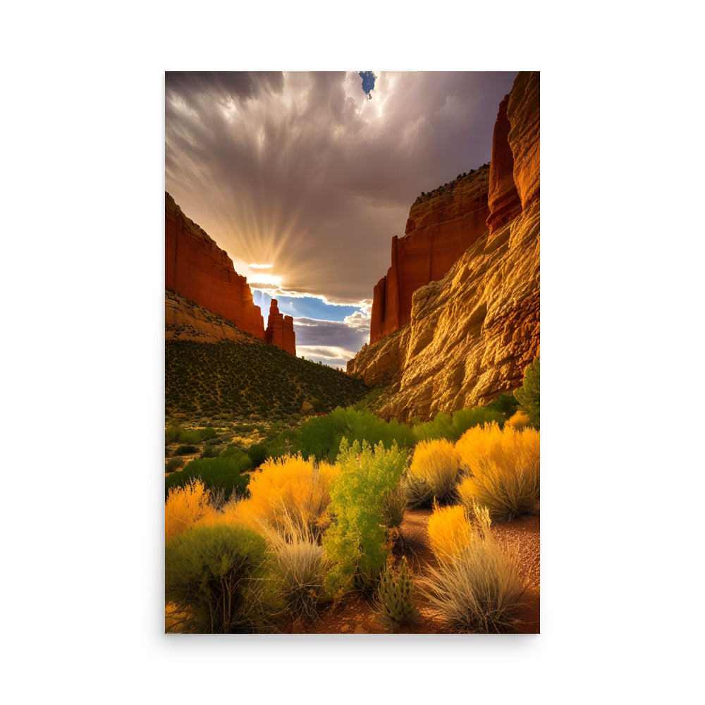 Rocky red canyon formations tower upward. Warm hues intensified by setting sun's rays. Dramatic clouds swirl, casting shadows. Vibrant shrubs dot sandy earth. Fiery rocks, lush vegetation create stunning spectacle.