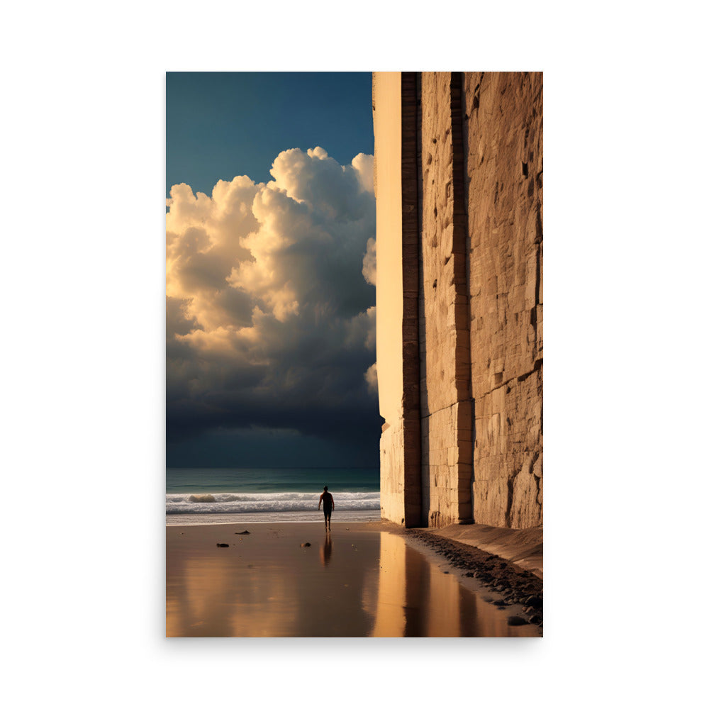 A Lone Figure Under Towering Clouds and Monolithic Wall by the Sea.