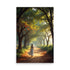 Vibrant autumn foliage forms mystical tunnel. Woman wearing white dress strolls dirt path inside forest scene. Vista captures nature's scenic beauty.