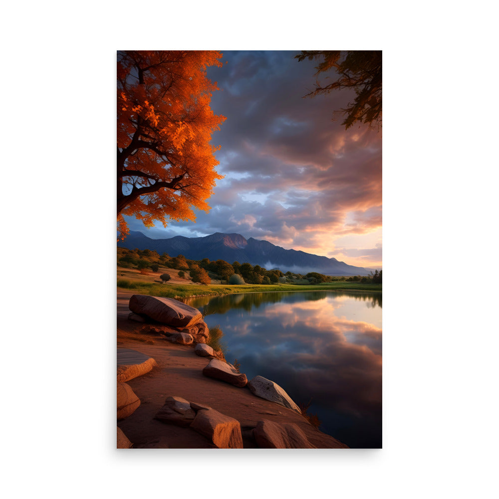 Vibrant orange hues adorn distant mountains. A serene lake meets rocky shoreline. Magnificent tree with fiery foliage stretches skyward. Nature's tranquil wonder, grandeur of changing seasons shines.