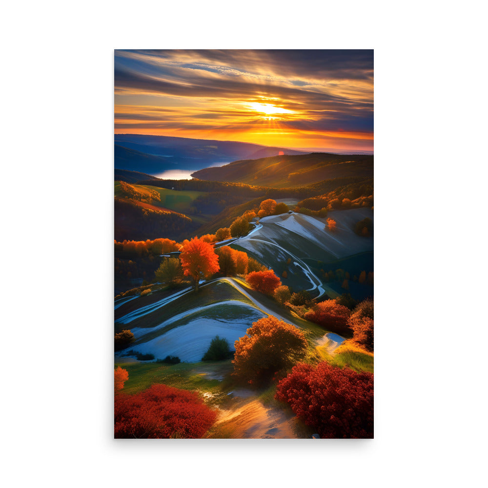 Vibrant sunset splashes fiery hues across sky. Meandering rivers glow warmly in orange, yellow. Rolling hills sport brilliant red foliage. Serene natural scene exudes tranquil beauty.