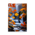 Brilliant orange, yellow maple leaves intensify. Muted backdrop is present. Mossy rocks blur waterfall's rushing motion. Vibrant foliage frames cascading scenery admirably. Seasons' transition celebrated harmoniously.