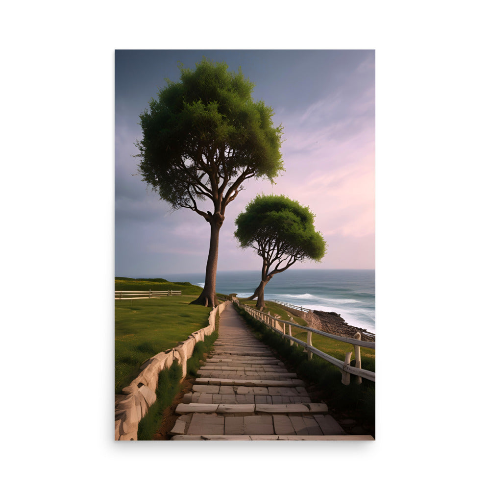 A Photo Style Seascape Art, with a Stone Path Between Towering Coastal Trees .