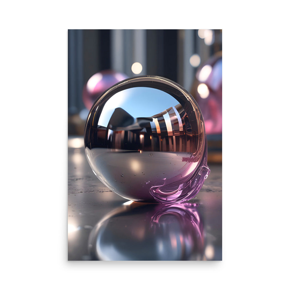 Glass sphere inverts cityscape with colors. Distorted shapes create dreamlike quality beautifully. Purple and pink hues stand out. Mirrored surface adds symmetrical touch below. Blurred lights playfully invite viewer in.