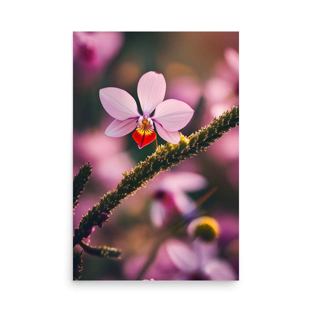 Vibrant pink orchid blooms unveil delicate petals. Unfurling around deep centers, verdant stems contrast. Soft pink backdrop blurs surroundings. Light accentuates intricate petal details.