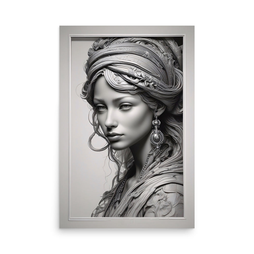 Woman's enigmatic expression expertly rendered. Piercing gaze, full lips, flawless skin allure. Ornate headdress with swirling patterns captivates. Cascading curls frame face as earrings dangle. Timeless beauty invites viewer's immersion.