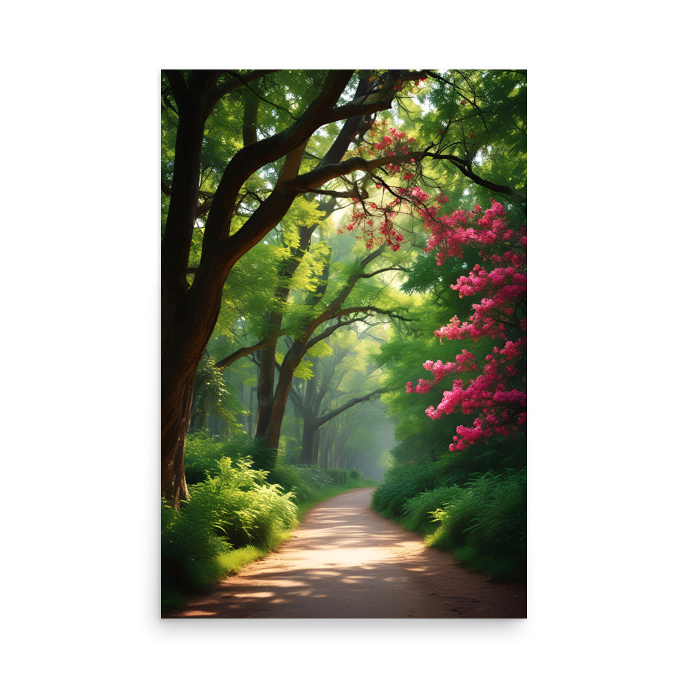 Towering trees arch over winding path. Vibrant foliage brightens with pink blossoms. Dirt trail meanders ahead peacefully. Sunbeams filter warmly through branches. Misty depths add mysterious air.