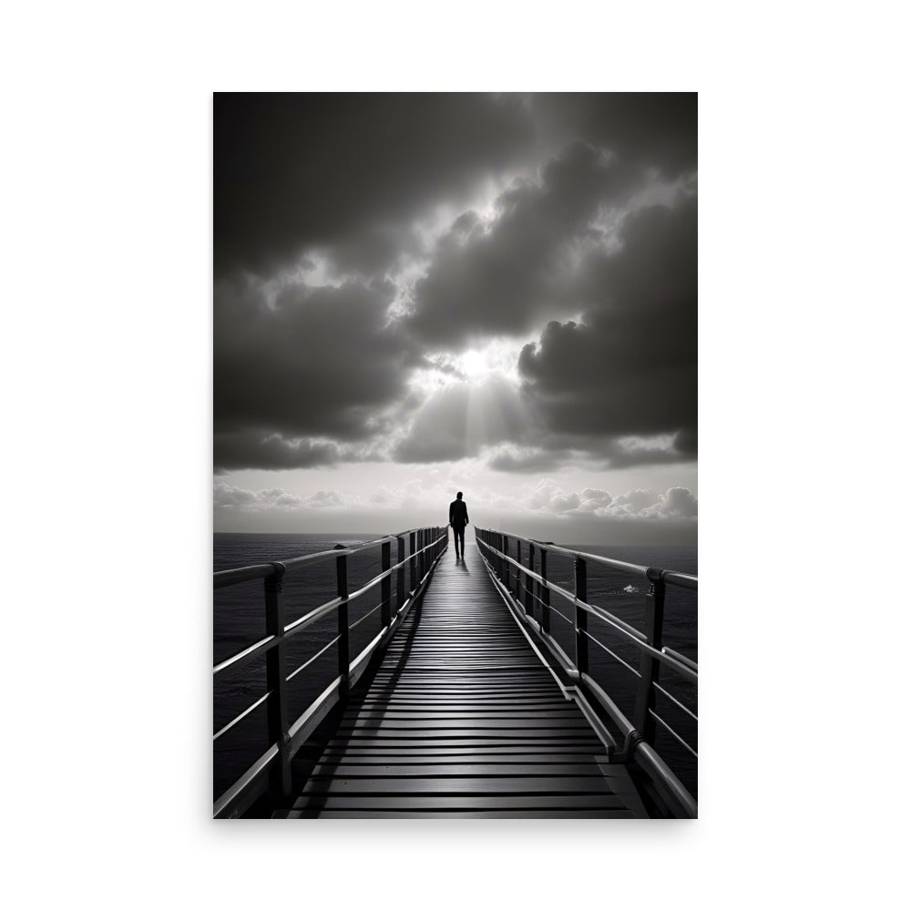 A person walking towards the horizon on a wooden bridge under stormy skies.