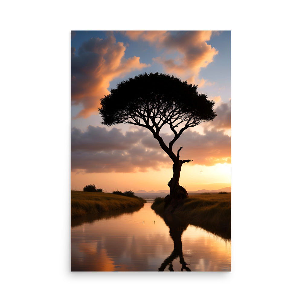 The vivid sunset sky glowed orange. A lone tree's twisted branches silhouetted. Still water mirrored the tree perfectly. Rolling hills and shrubs surrounded scene. Two birds perched on reflection's surface.