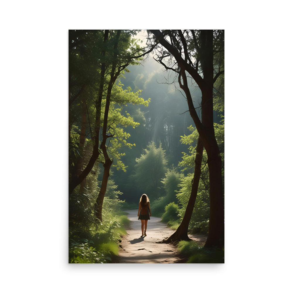 A Girl s Solitary Walk Through a Mystical Woodland Path in Warm Sunlight.