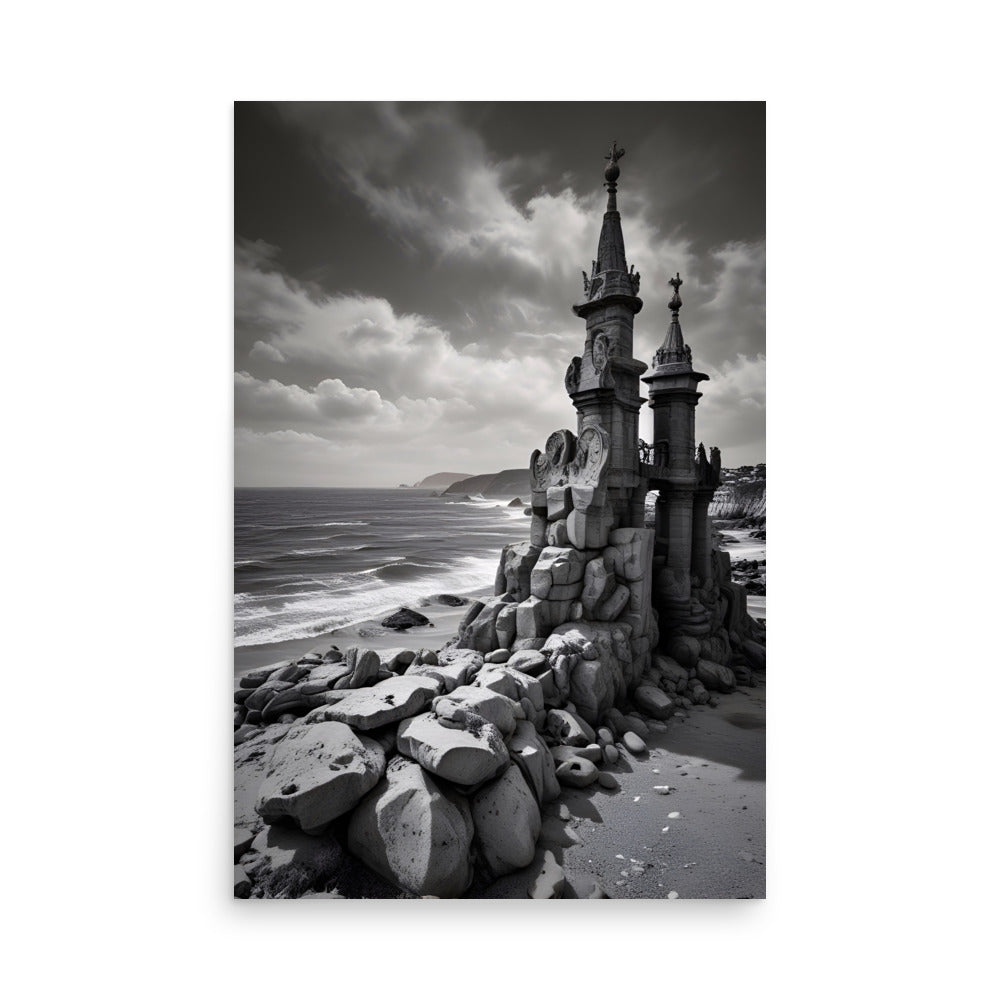 A dramatic black and white coastal artwork with an ornate sculpted tower near ocean surf.