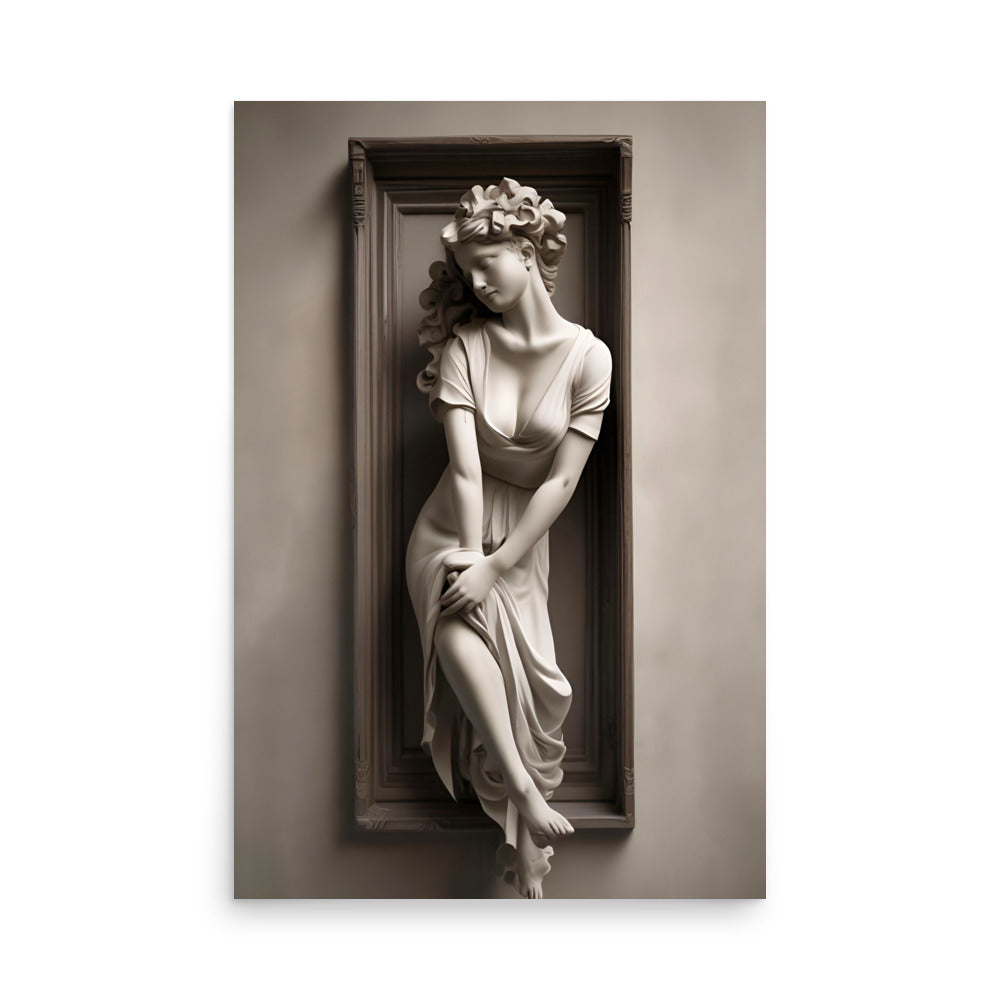 Woman's sculptural figure rendered classically. Flowing drapery adorns monochrome feminine form. Artistic expression masterfully captured sculpture.