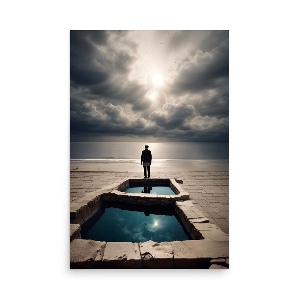 A lone figure gazes at the stormy horizon, standing by a tranquil deep blue pool.