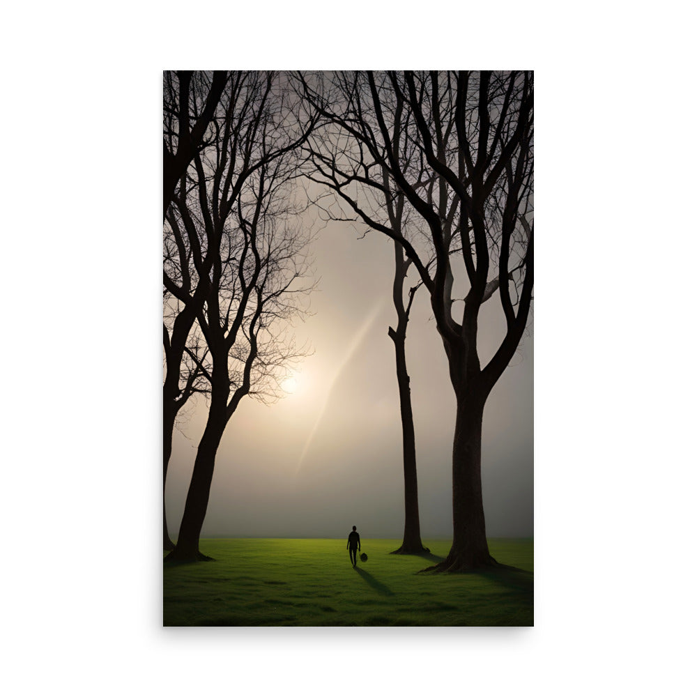 A lone figure walks through a misty field framed by bare trees.