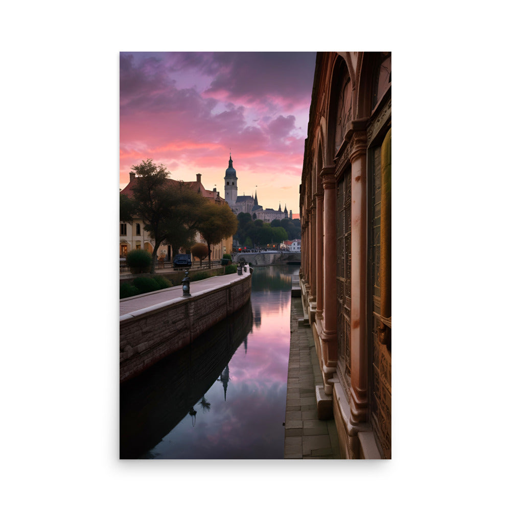 Breathtaking Sunset over a Peaceful Canal, with Reflections of Historic City Streets.