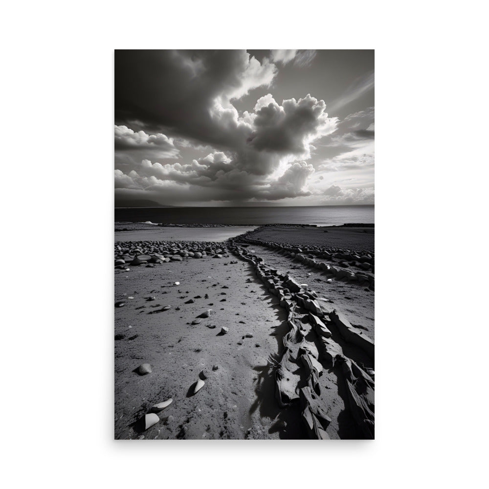 A Black And White Photo Art With Storm Clouds Over A Rocky Shoreline.